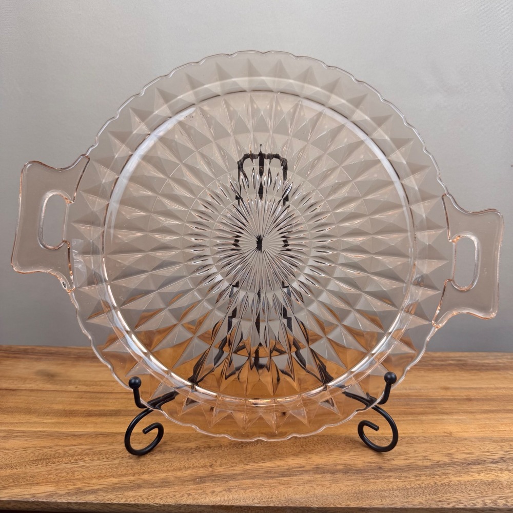 Jeannette Windsor Diamond Pink Depression Glass Handled Cake Plate Tray Vintage